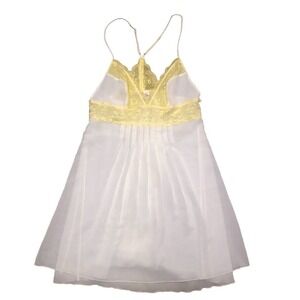 Victoria's Secret Baby Doll Dress Nightgown M White Yellow Lace Racer Back Lined